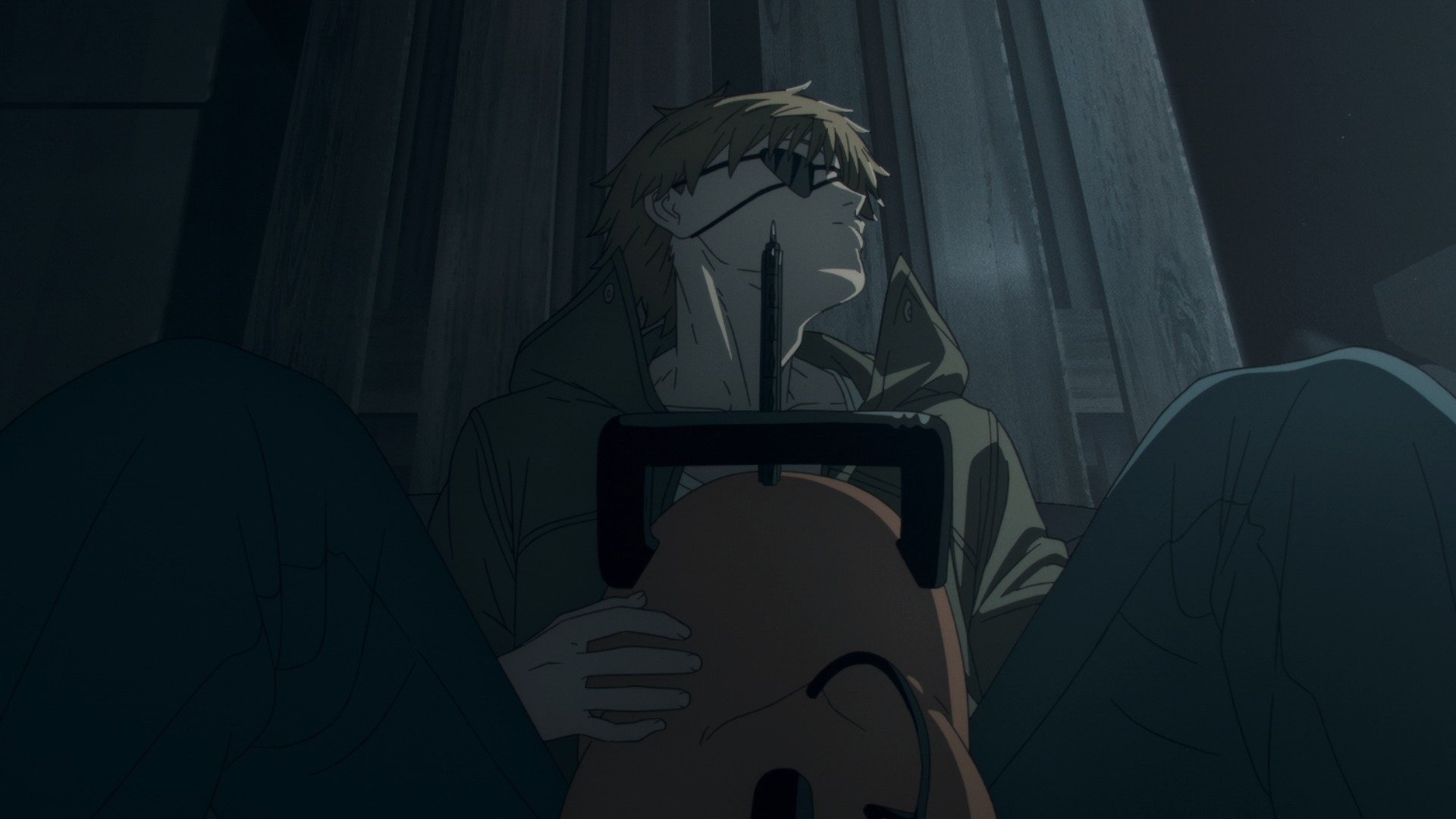 Chainsaw Man HD PC desktop wallpaper: Denji in a dim room, hood up, clutching a chainsaw, sitting against wooden planks and staring upward.