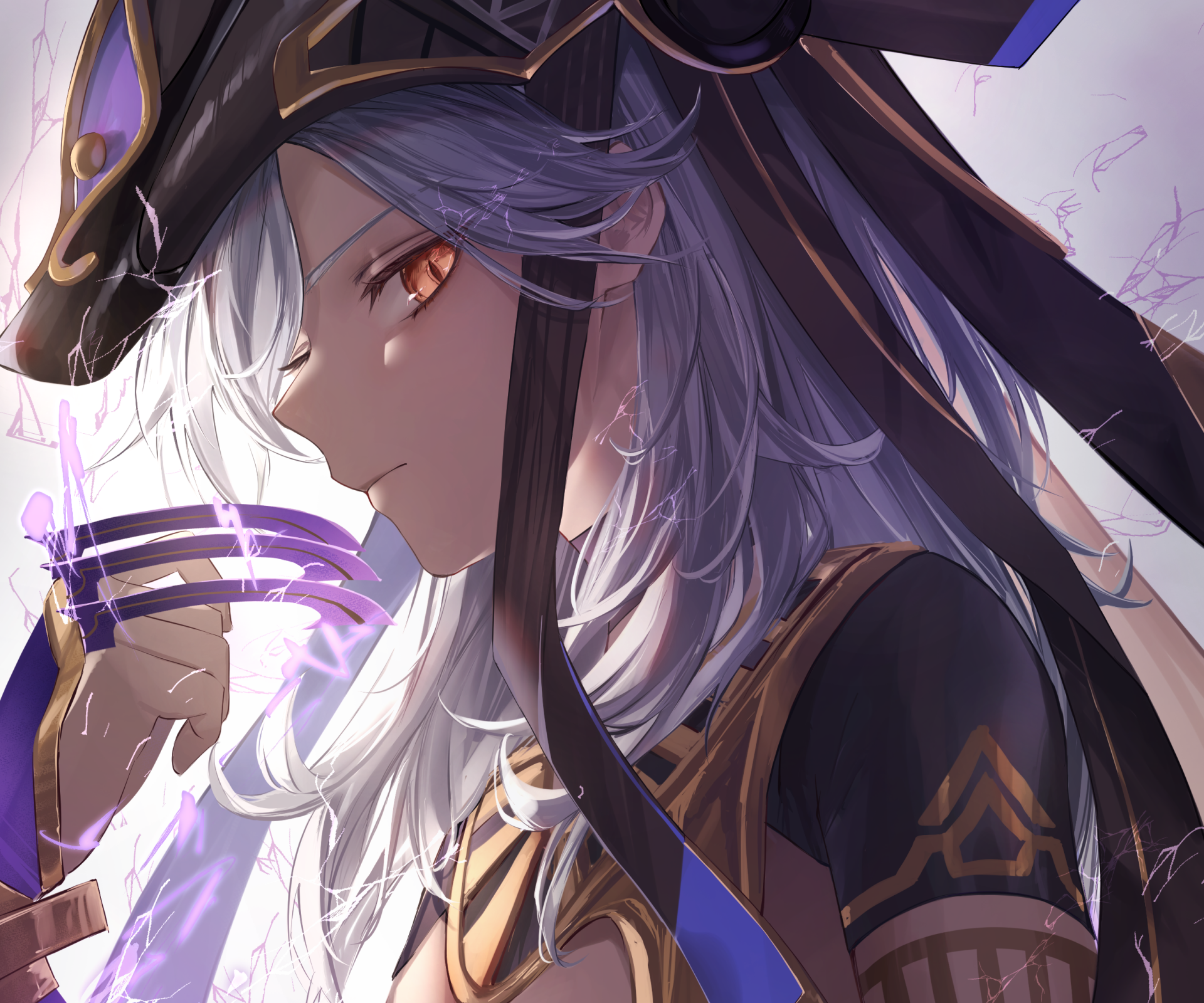 Cyno (Genshin Impact) close-up portrait, silver hair and amber eyes holding a glowing purple Electro sigil; detailed video game 2K Quad HD PC desktop wallpaper/background.