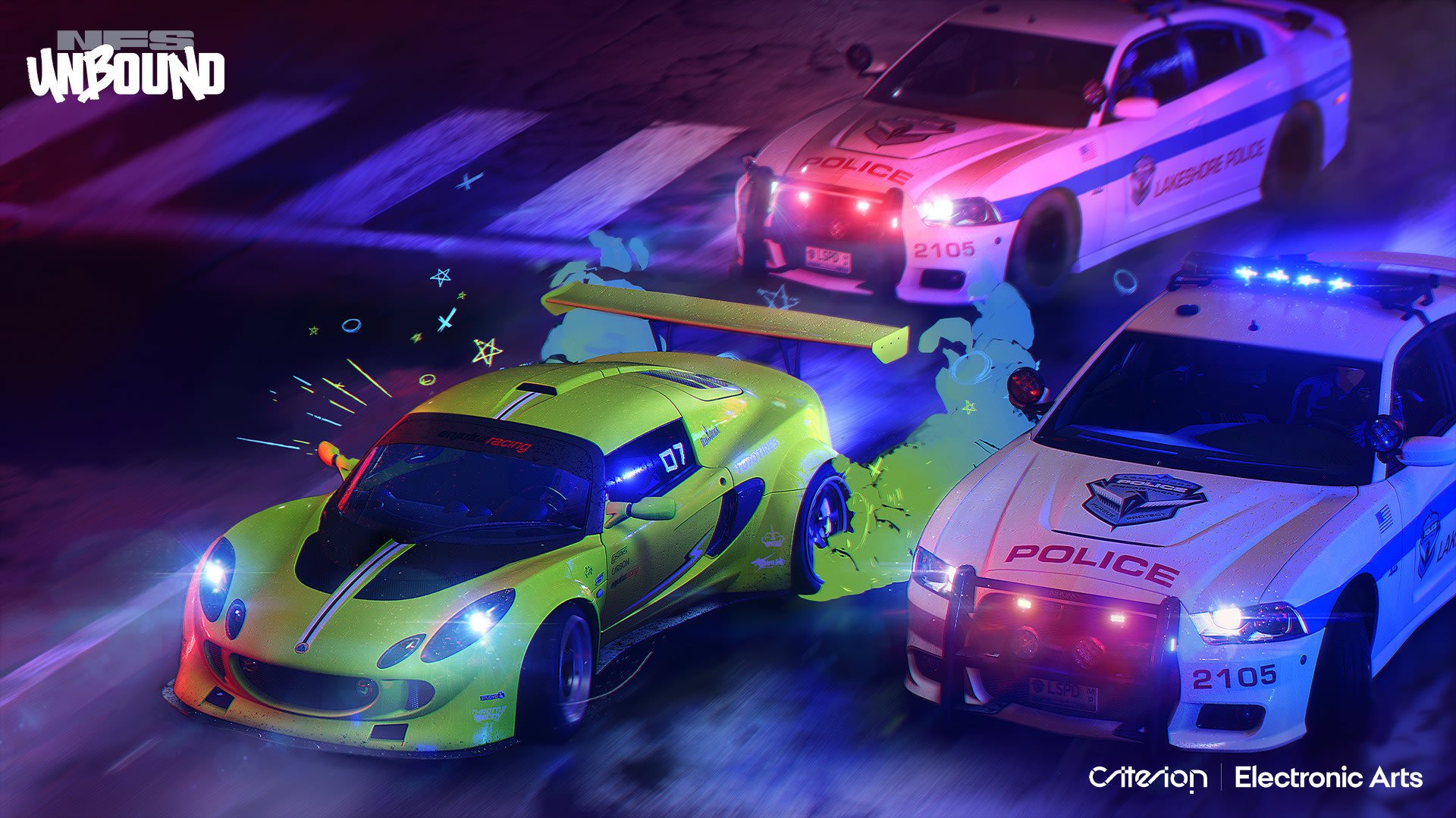 Need for Speed Unbound video game HD PC desktop wallpaper and background: neon-lit street chase, yellow sports car drifting between police cars with stylized graffiti smoke effects.