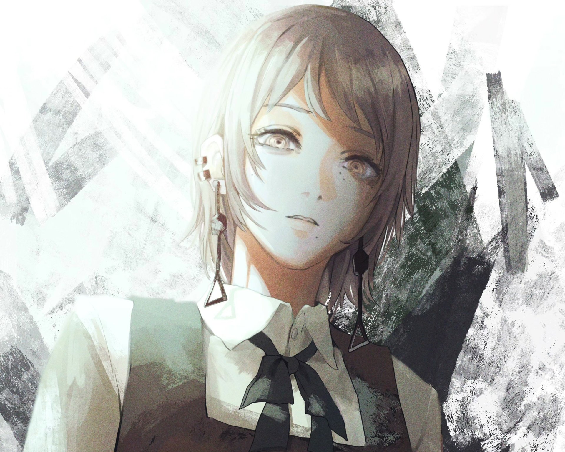 HD PC wallpaper: anime portrait of War Devil Asa Mitaka (Chainsaw Man), soft-lit close-up with short hair, vest and tie, distant gaze against textured white-gray brushstroke background.