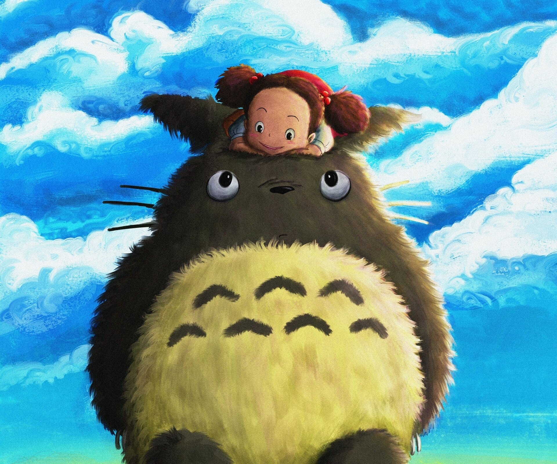 Anime HD PC desktop wallpaper: Totoro (My Neighbor Totoro) from the anime with a little girl riding on his head against a bright blue sky.