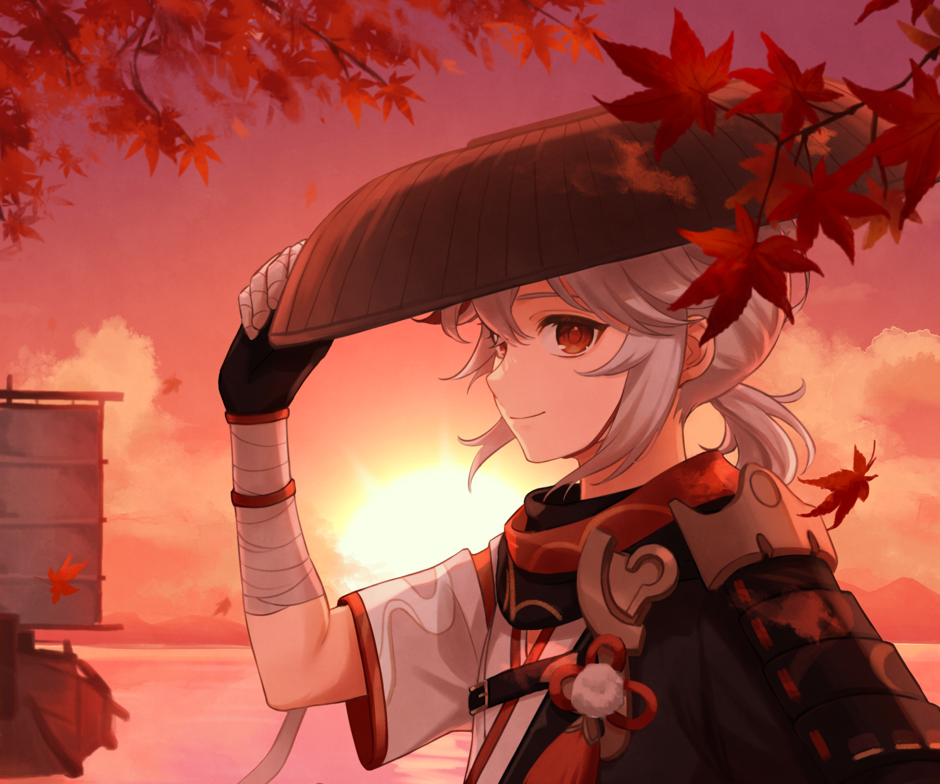 Kaedehara Kazuha (Genshin Impact) at sunset, tipping a straw hat as red maple leaves drift—HD PC desktop wallpaper/background from the video game.