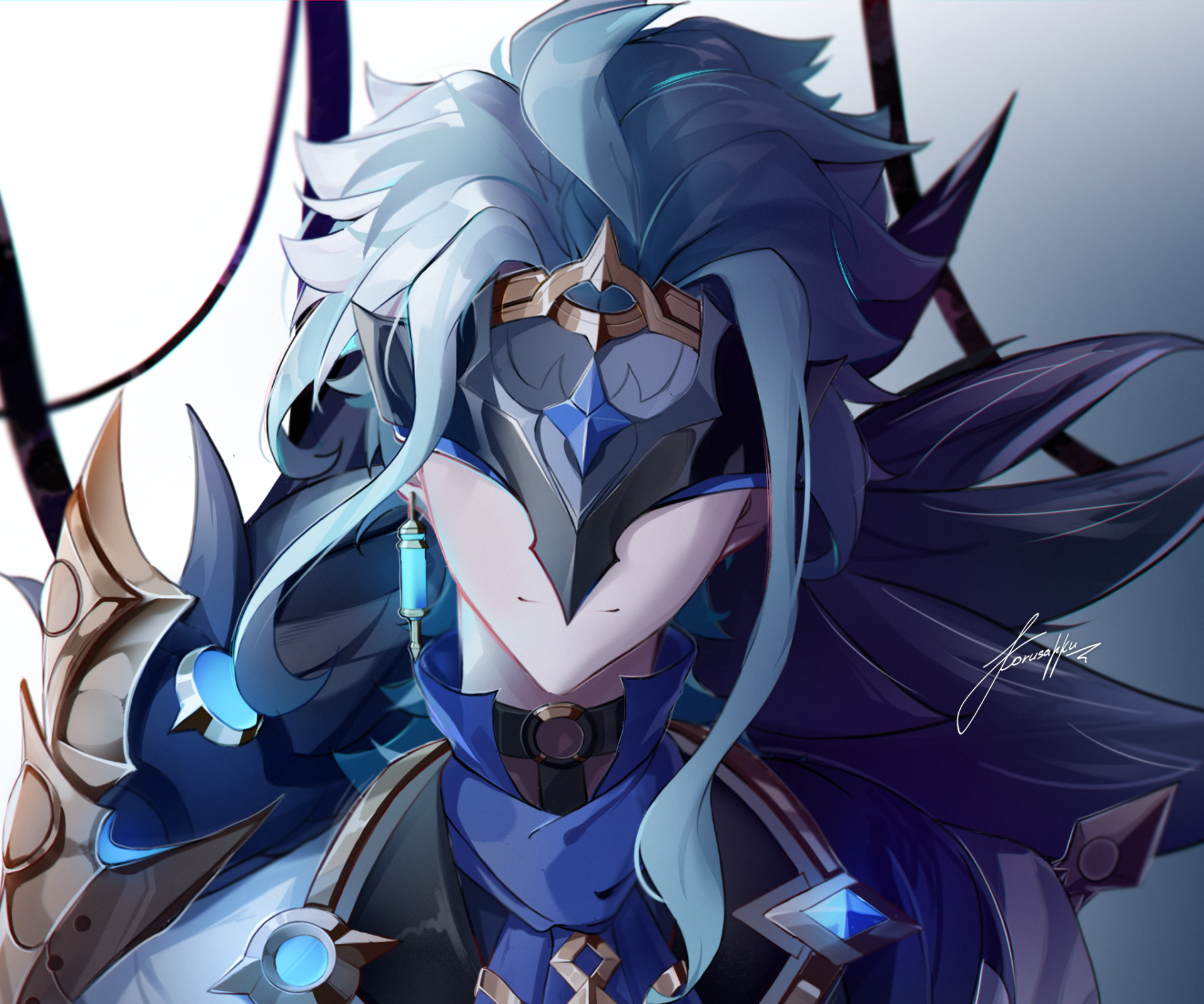 Il Dottore (Genshin Impact) HD PC desktop wallpaper: close-up stylized portrait with flowing blue hair, mask and ornate armor — video game background art.