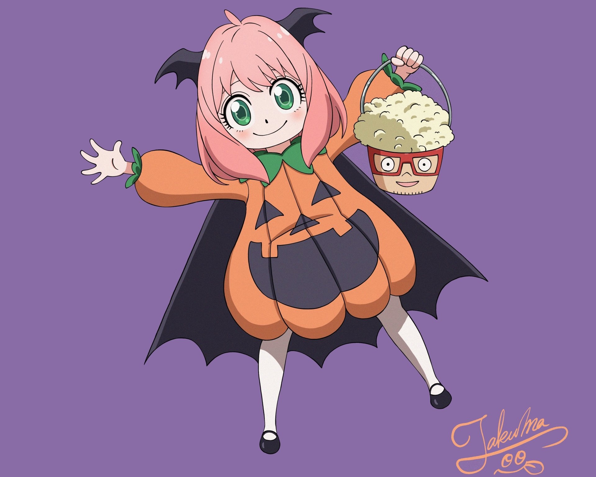 Anya Forger from Spy x Family anime in a pumpkin Halloween outfit, grinning and holding a candy bucket — 4K Ultra HD PC desktop wallpaper and background.