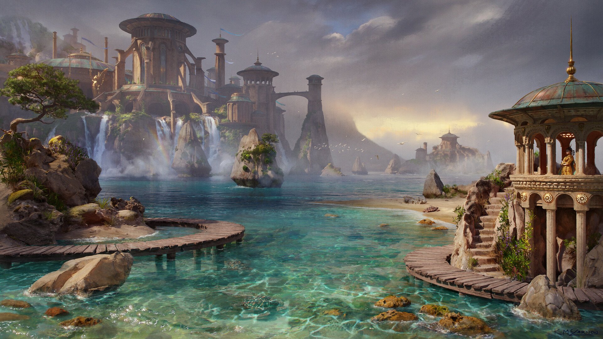 HD fantasy cityscape with towering ancient structures overlooking clear blue waters, set under a cloudy sky, designed as a striking PC desktop wallpaper.