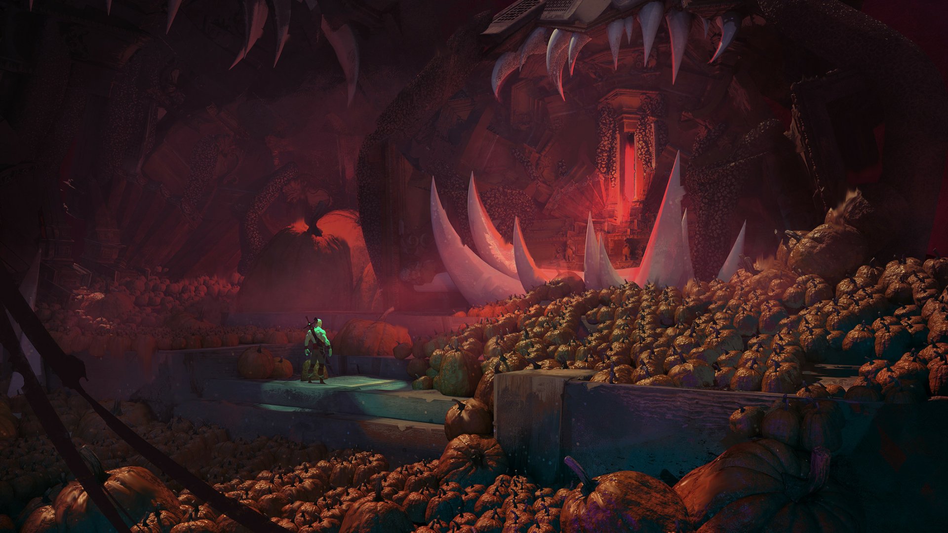 HD PC desktop wallpaper: fantasy exploration scene — lone explorer steps toward a glowing red altar inside a cavern of bone-like teeth and piles of treasure.