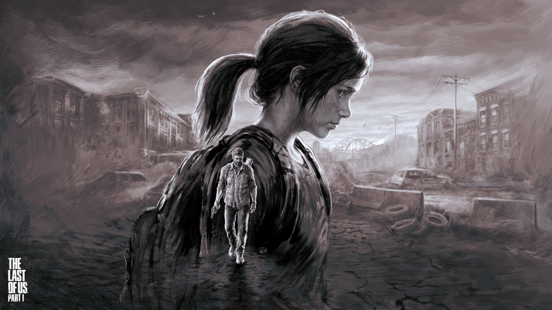 Grayscale 4K Ultra HD PC desktop wallpaper of The Last of Us Part I: profile of Ellie with a smaller Joel silhouette inside her, set against a ruined post-apocalyptic cityscape.