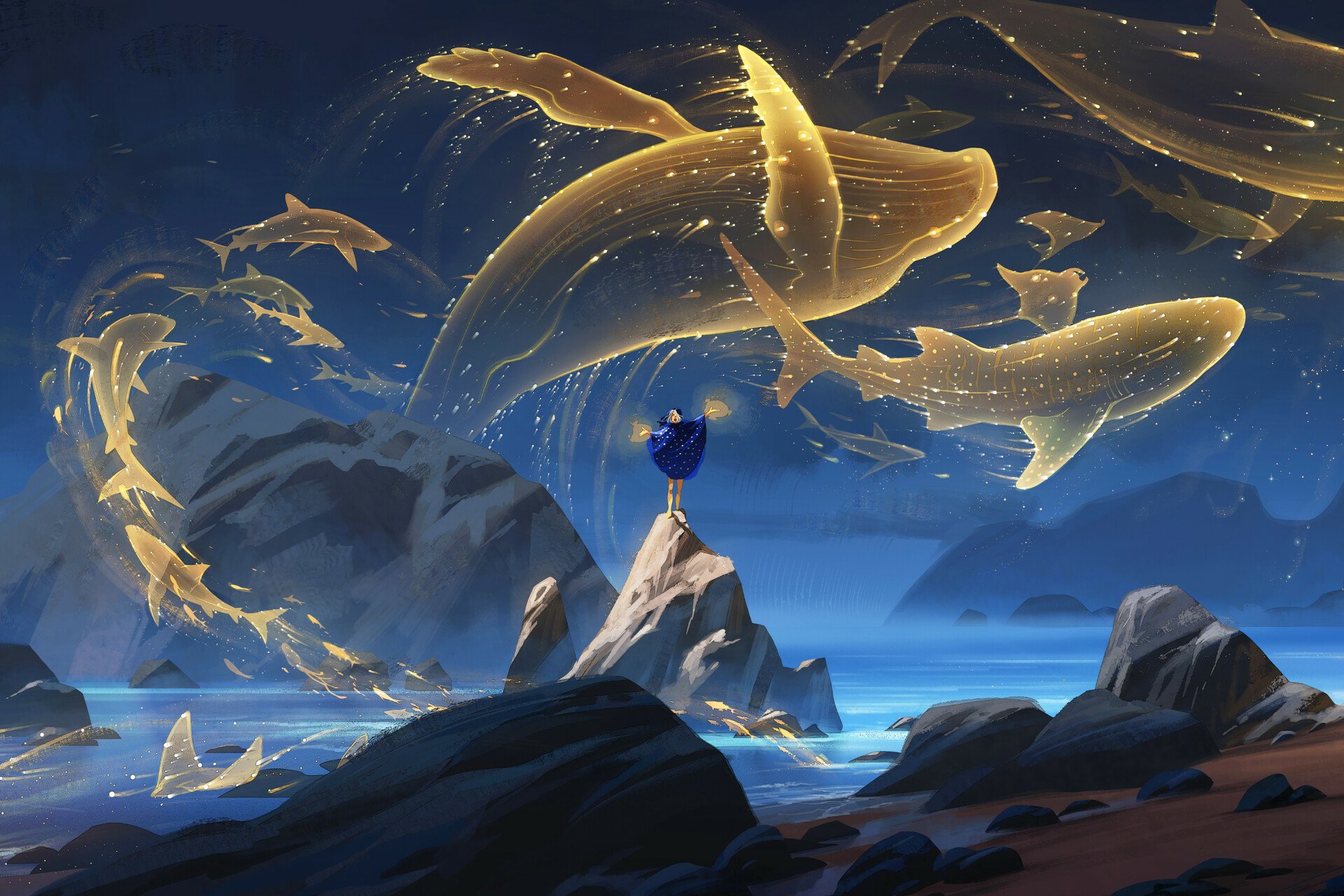 Fantastical scene of glowing, translucent whales circling above a rocky shore at night, rendered as an HD PC desktop wallpaper and background.