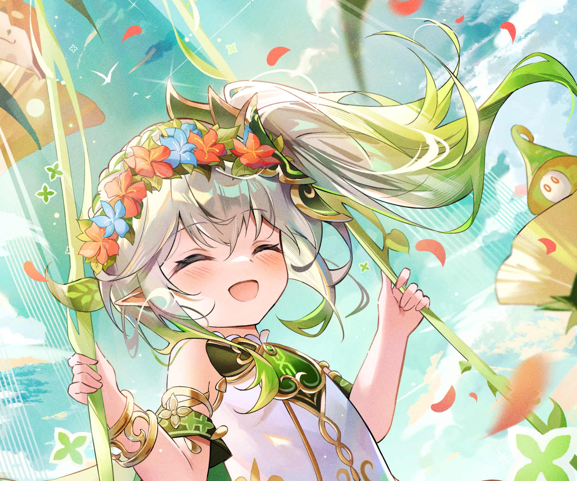 HD PC desktop wallpaper featuring Nahida from Genshin Impact, showcasing vibrant colors and joyful expression in this video game-themed artwork.