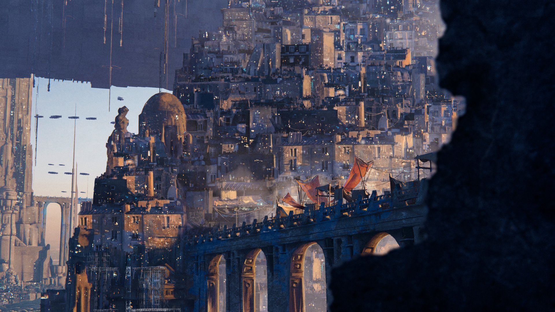 A detailed fantasy cityscape with towering structures and arches, rendered in stunning 4K Ultra HD as a PC desktop wallpaper and background.