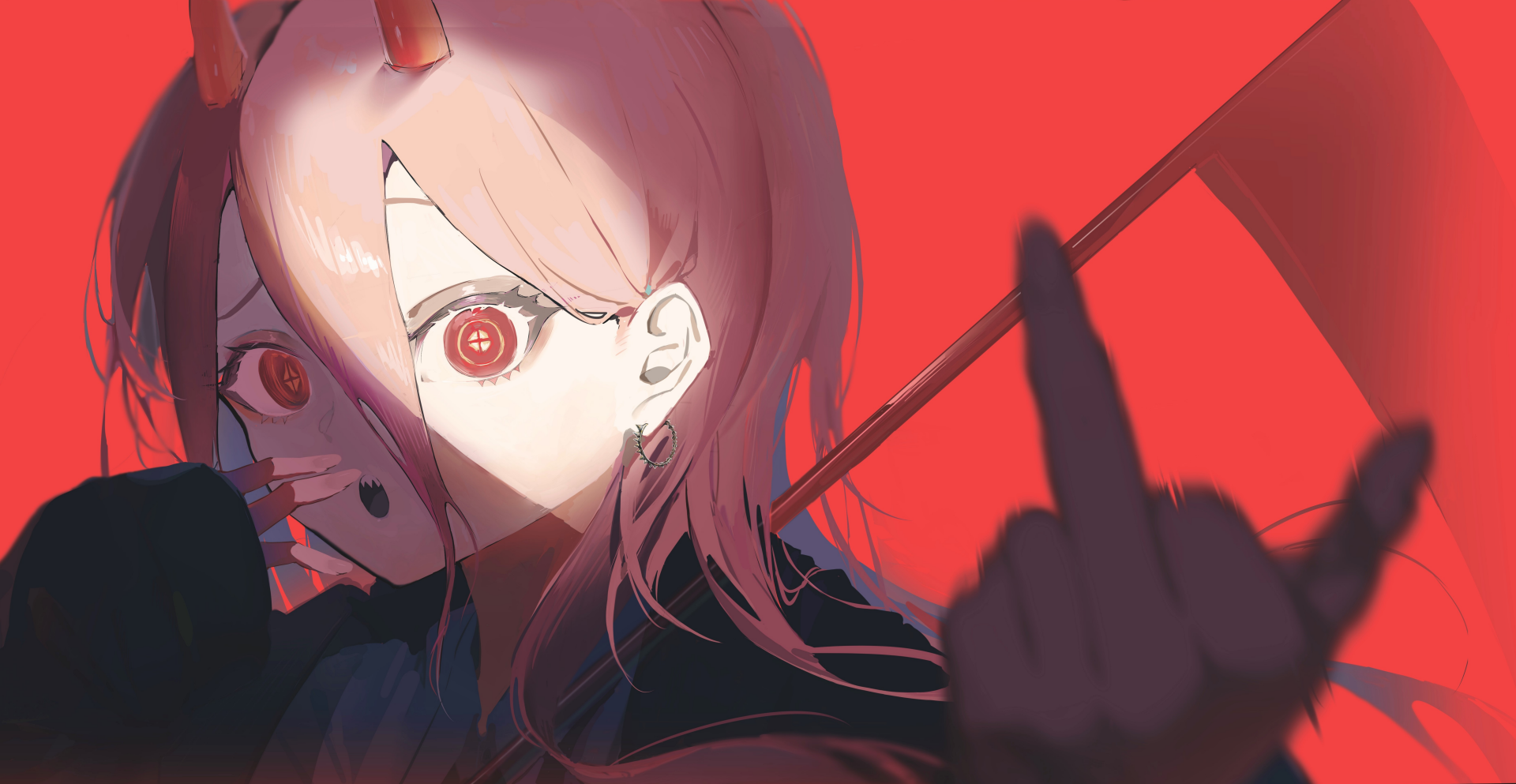 Power (Chainsaw Man) — anime close-up with red eyes, horns and raised hand against a vivid red background. 4K Ultra HD PC desktop wallpaper.