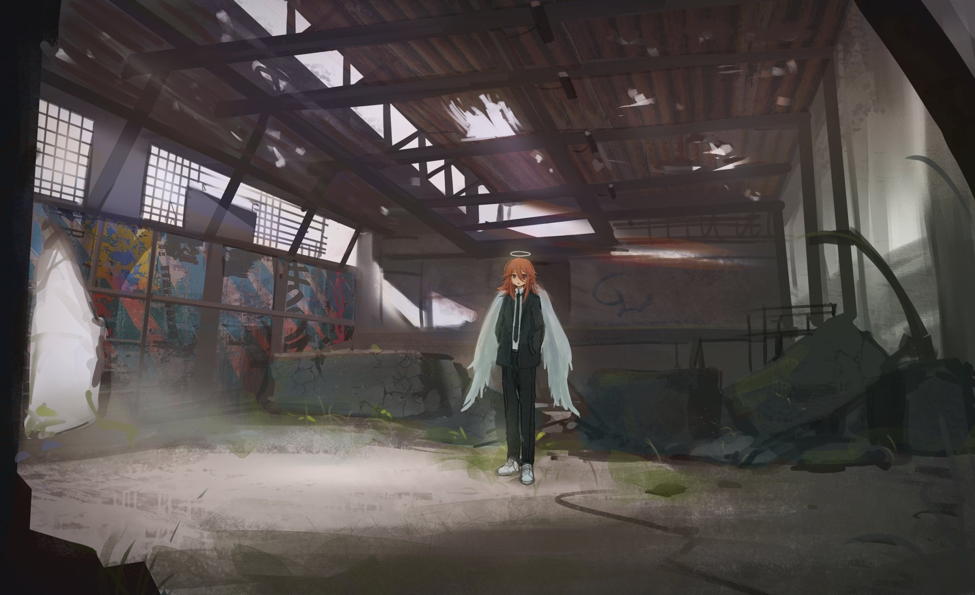 Angel Devil from Chainsaw Man stands alone in a sunlit, decaying warehouse — anime 2K Quad HD PC desktop wallpaper and background, moody abandoned urban interior.