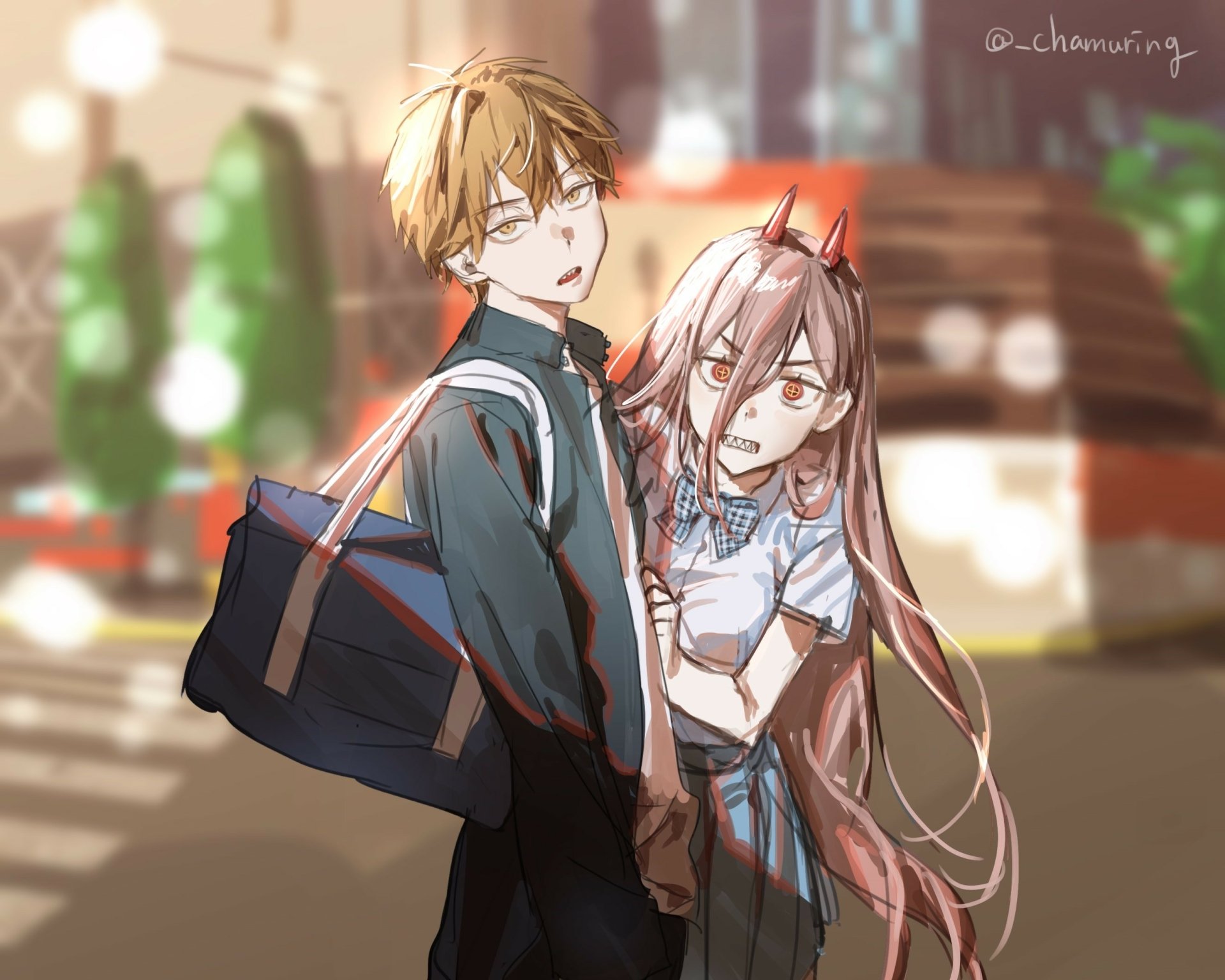 HD anime desktop wallpaper featuring Denji and Power from Chainsaw Man standing close with a blurred urban background.