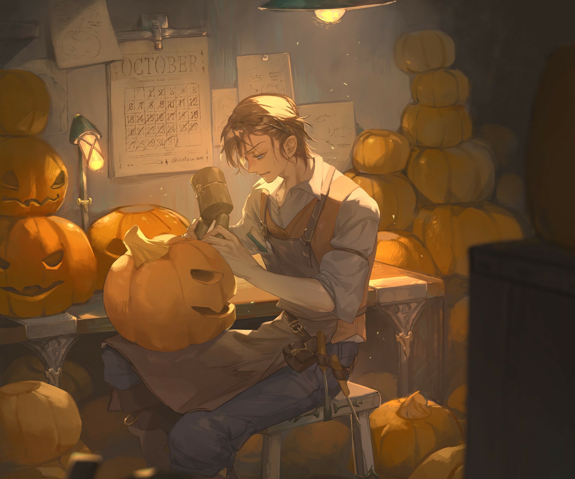 HD PC desktop wallpaper featuring a warm, cozy Halloween scene with a person carving a jack-o'-lantern surrounded by pumpkins in a softly lit room.