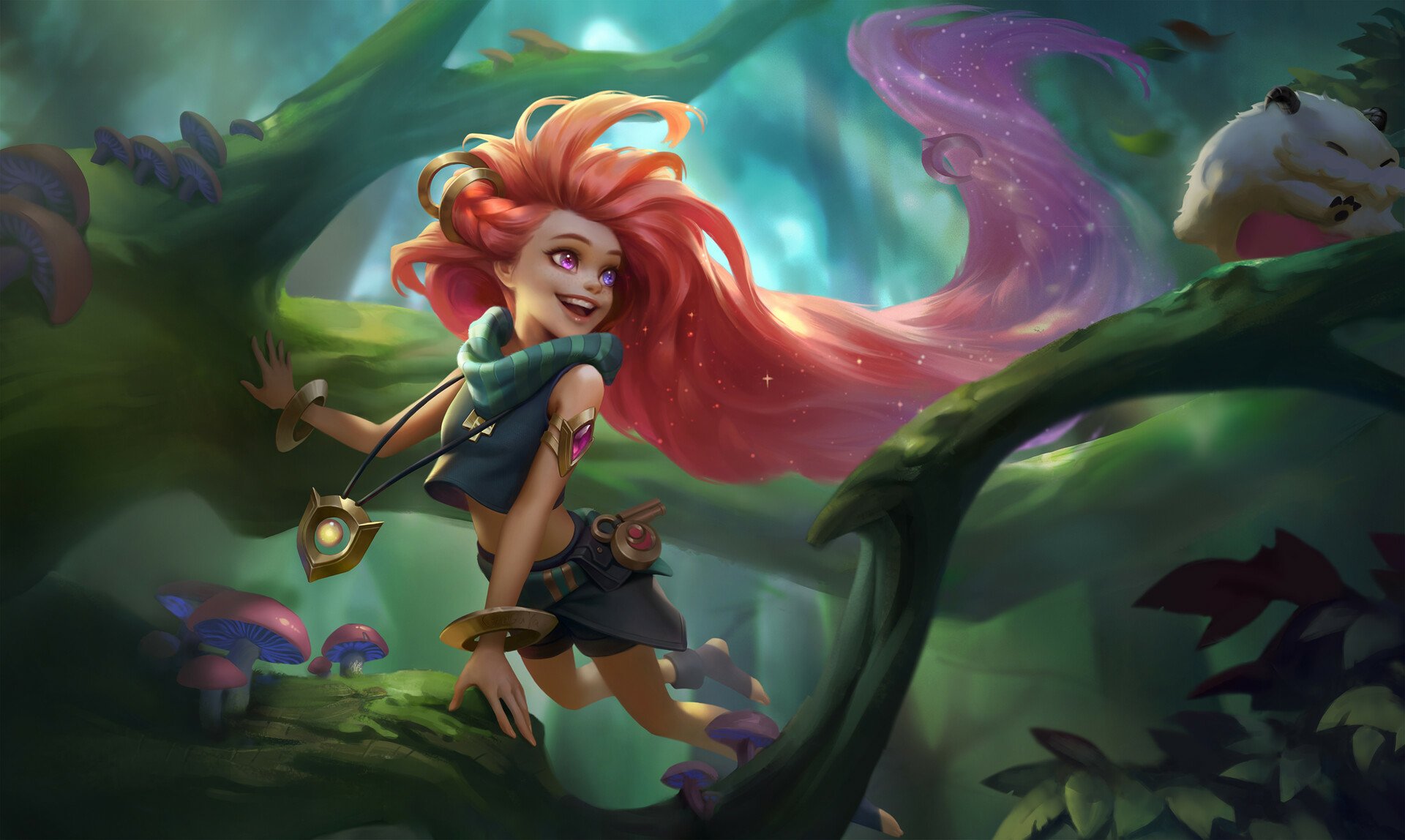 HD PC desktop wallpaper featuring Zoe from the video game League of Legends in a vibrant, magical forest setting.
