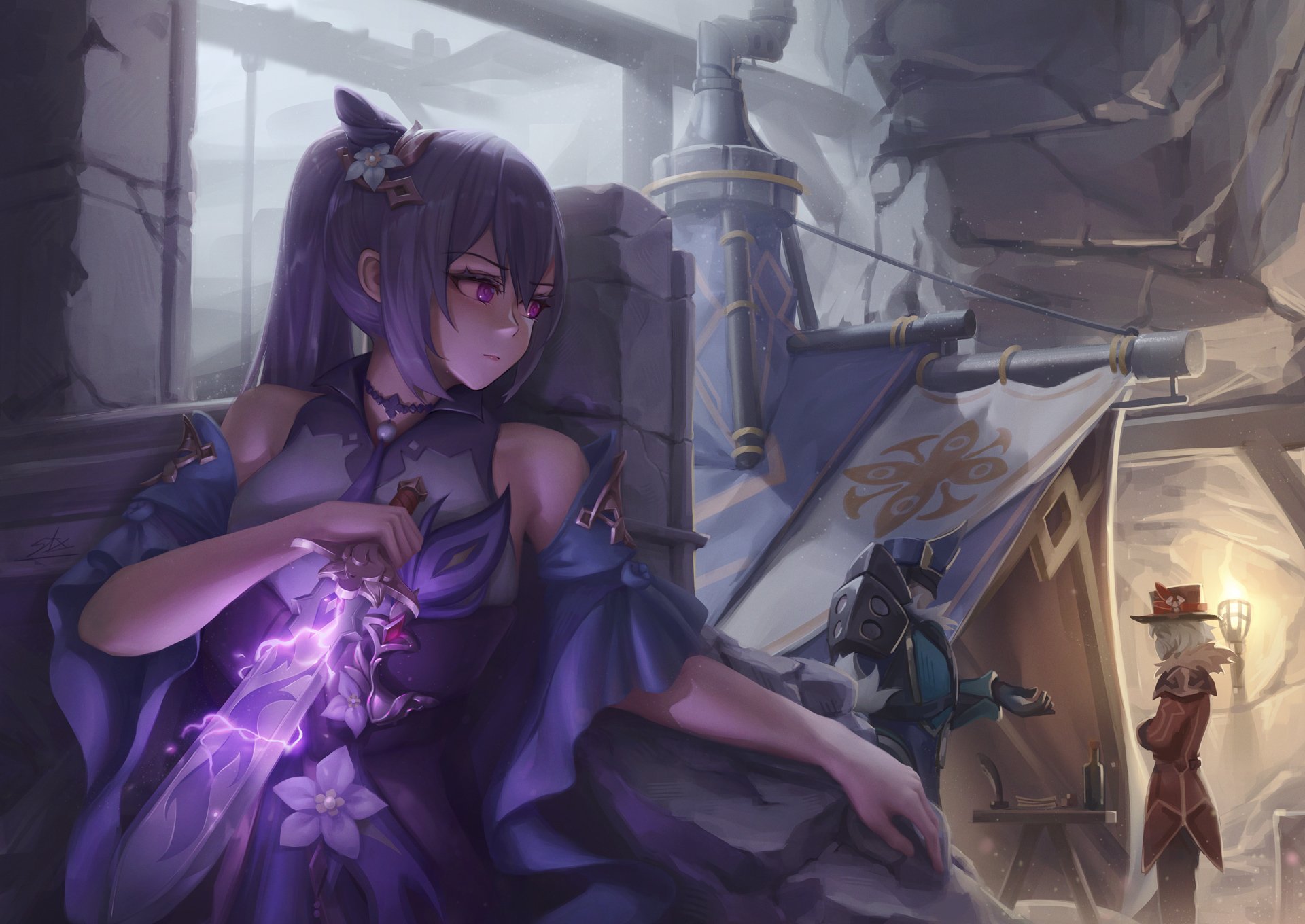 Keqing (Genshin Impact) stands in a ruined hall, holding a glowing Electro blade, violet hair and ornate outfit, banners and distant figures — HD PC desktop wallpaper/background from the video game Genshin Impact