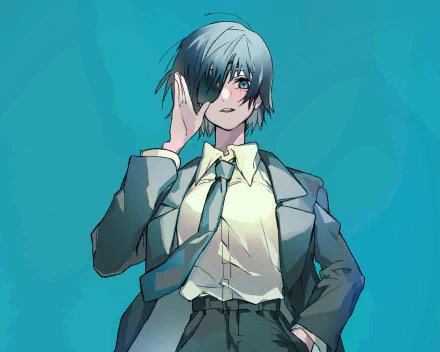 Himeno from Chainsaw Man anime depicted in a stylish suit with teal background, captured in this HD PC desktop wallpaper and background.