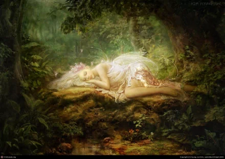 HD desktop wallpaper featuring a sleeping fairy in a lush, enchanted forest, exuding a serene and magical fantasy atmosphere.