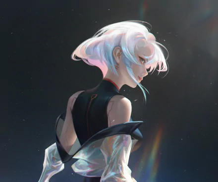 HD anime wallpaper of Lucy from Cyberpunk: Edgerunners, featuring her with white hair and a dark outfit against a moody, futuristic background.