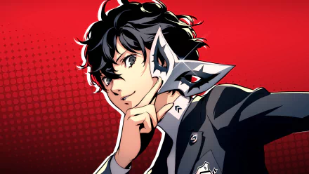HD PC desktop wallpaper featuring the protagonist from the video game Persona 5 Royal against a bold red background.
