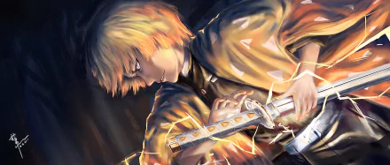 Zenitsu Agatsuma from Demon Slayer: Kimetsu no Yaiba is depicted gripping his sword, surrounded by dynamic lighting in this detailed 4K Ultra HD anime desktop wallpaper.