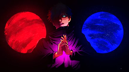 HD wallpaper of Satoru Gojo from Jujutsu Kaisen, showcasing dramatic lighting with a vivid red and blue background.