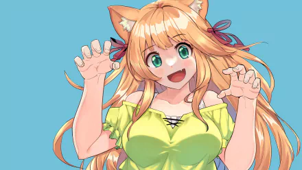 HD anime desktop wallpaper featuring Kanade from Beast Tamer, showcasing her cheerful expression and fox-like ears against a blue background.