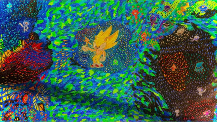 Bright cosmic 4K Ultra HD PC wallpaper of Super Sonic from the Sonic the Hedgehog video game Sonic Colors: Ultimate, glowing against a colorful, starry space backdrop.