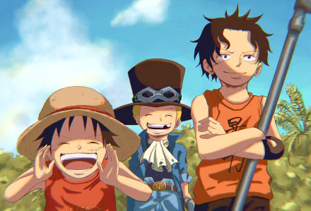 HD PC anime wallpaper of One Piece trio — young Monkey D. Luffy laughing with his straw hat, Sabo smiling in a top hat and goggles, and Portgas D. Ace arms crossed beneath a sunny sky.