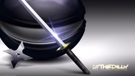 HD PC desktop wallpaper featuring a shiny katana sword, a ninja star, and a humorous smiley face for a playful and catchy design.