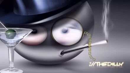 Funny smiley: glossy gray emoticon with monocle, lit cigarette and drifting smoke, martini glass and sly grin — HD PC desktop wallpaper and background.