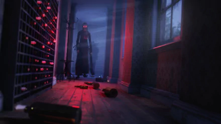 HD PC desktop wallpaper featuring a dark, eerie hallway with a shadowy figure illuminated by red eyes from the video game Evil Nun: The Broken Mask.