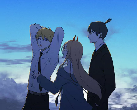 2K Quad HD PC desktop wallpaper/background — Chainsaw Man anime: Denji, Power and Aki Hayakawa stand together against a blue twilight sky, relaxed poses and clouded horizon.