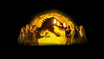 Jurassic World: Dominion 4K Ultra HD PC desktop wallpaper: glowing yellow circular logo with a T. rex silhouette, six figures arrayed on either side against a black background.