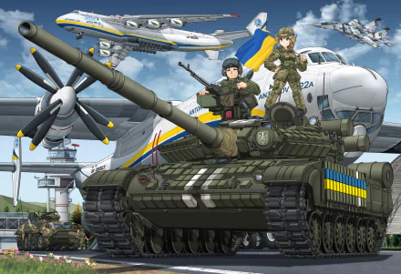 HD anime military desktop wallpaper featuring a detailed tank with soldiers, aircraft, and a control tower in the background, showcasing dynamic action and vibrant colors.