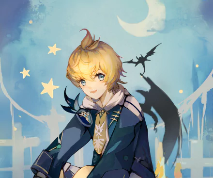 HD PC desktop wallpaper featuring Mika from the video game Genshin Impact with a dreamy night sky, stars, and dragon-shaped shadow in the background.