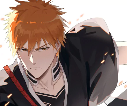 HD PC desktop wallpaper featuring Ichigo Kurosaki from the anime Bleach: Thousand-Year Blood War in a dynamic pose with intense expression and glowing accents.