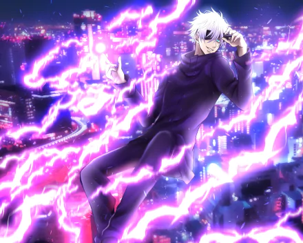 HD anime desktop wallpaper featuring Satoru Gojo from Jujutsu Kaisen, surrounded by vibrant purple lightning over a cityscape at night.