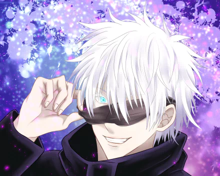 HD PC desktop wallpaper featuring Satoru Gojo from the anime Jujutsu Kaisen with his white hair, blindfold, and a vibrant purple-blue background.