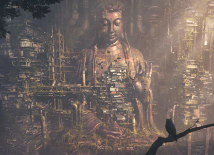 A colossal Buddha statue in a detailed post-apocalyptic sci-fi cityscape, rendered in stunning 4K Ultra HD for PC desktop background.