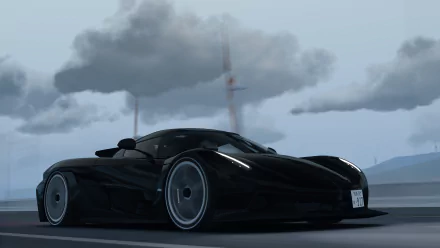 4K Ultra HD PC wallpaper featuring a sleek black Koenigsegg Jesko hypercar from Assetto Corsa video game, showcasing luxury and speed in a dynamic sporty setting.