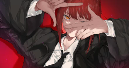 Makima (Chainsaw Man) anime 4K Ultra HD PC desktop wallpaper/background: red-haired woman in a black suit framing her face with hands against a bold red backdrop.