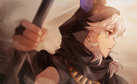 Cyno from Genshin Impact in a dramatic side profile, hooded with white hair and red eyes, gripping his polearm — 4K Ultra HD PC desktop wallpaper/background, video game art.