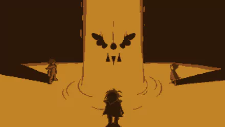 HD PC desktop wallpaper/background of Deltarune: Kris, Ralsei, and Susie face a towering pillar with a carved face in warm pixel-art tones — an atmospheric video game scene.