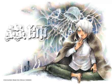 HD PC desktop wallpaper of Ginko (Mushishi): white‑haired anime wanderer seated cross‑legged in a cloak, holding a pipe amid translucent mushi and a soft watercolor background.
