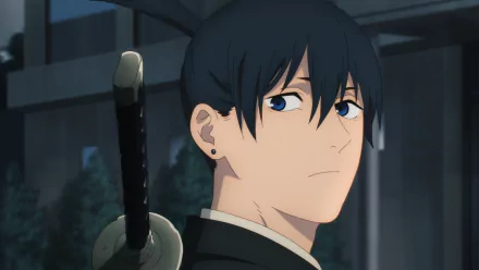 Aki Hayakawa (Chainsaw Man) anime HD PC desktop wallpaper: close-up of him glancing over his shoulder with a sword on his back against a moody evening city background.