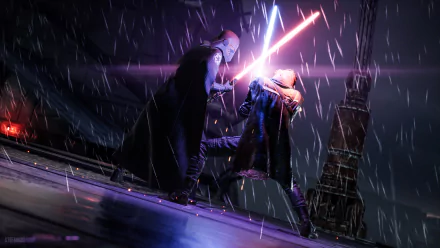 Dramatic rain-soaked rooftop lightsaber duel from the video game Star Wars Jedi: Fallen Order, vivid 4K Ultra HD PC desktop wallpaper and background with neon blade clashes.