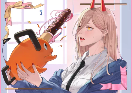 4K Ultra HD PC desktop wallpaper/background of Power (Chainsaw Man) holding orange Pochita; anime portrait of Power in a school uniform with horns, bathed in sunlit window light.