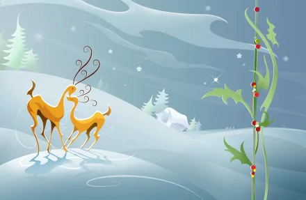 HD Christmas holiday desktop wallpaper featuring two stylized reindeer in a snowy landscape with pine trees, a polar bear, and holly with red berries.