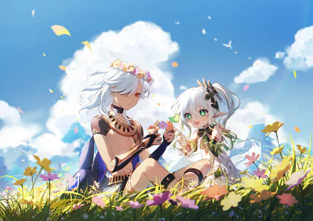 HD PC desktop wallpaper of Cyno and Nahida from the video game Genshin Impact: the two sit in a sunlit flower meadow under a bright blue sky, wearing flower crowns and smiling.